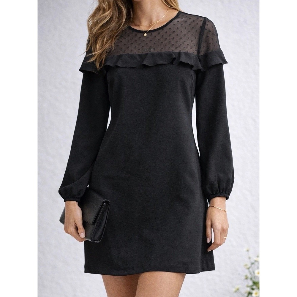 LOFT Shift Dress Women 0 Black Excellent Mesh Swiss Dot Ruffle Long Sleeve Mini